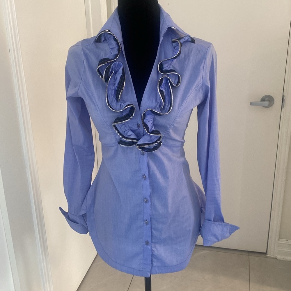 Les Chineuses Paris Women's Blue Ruffled Button-Up Blouse Size XX-Small - Picture 4 of 13